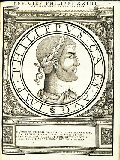 Philippus, Illustration aus Imperatorum romanorum omnium orientalium et occidentalium verissimae imagines ex antiquis numismatis, Holzschnitt von Rudolph Wyssenbach, gedruckt von Andreas Gesner, Zürich, 1559 von Hans Rudolf Manuel Deutsch